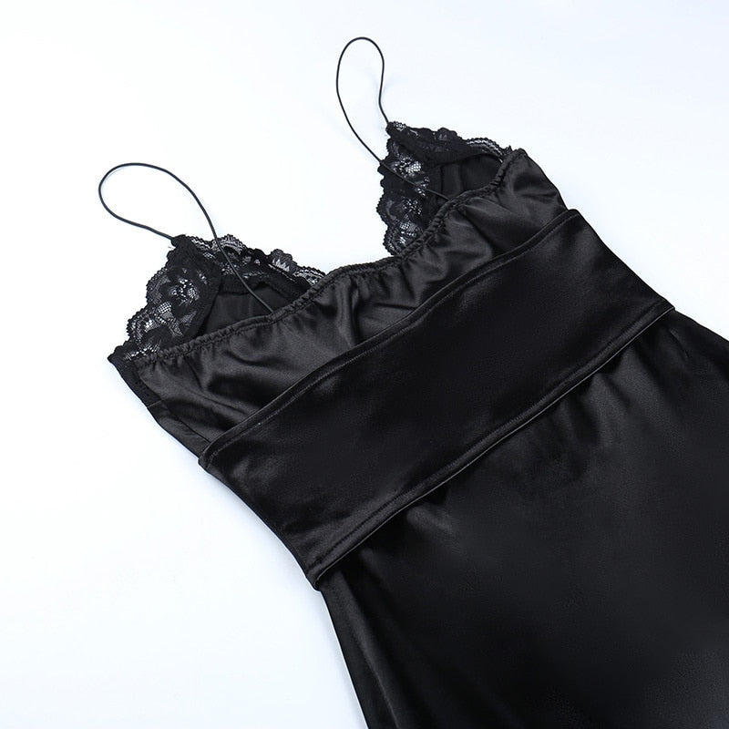 Floral Lace V-Neck Corset Lace-Up Satin Slip Mini Dress