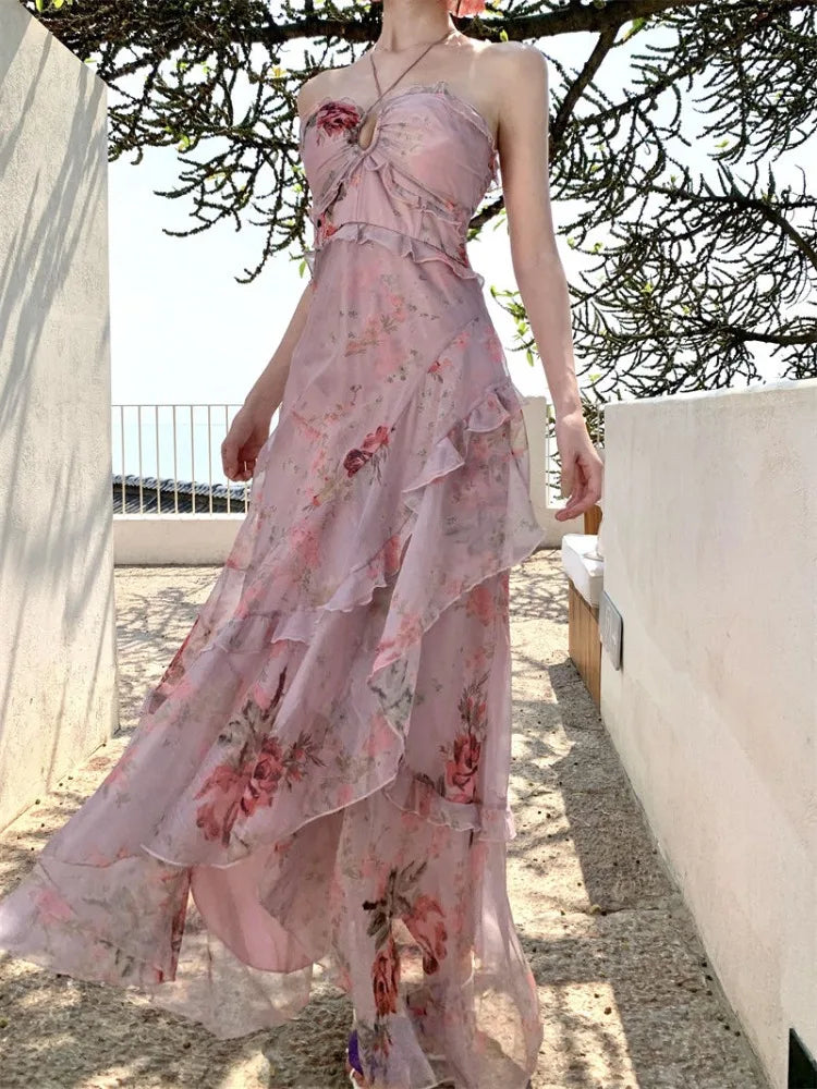 Woman Dress Sexy Elegant Sleeveless Floral Printed Spring Fashion Irregular Ruffles Holiday Hollow Out Backless Dresses