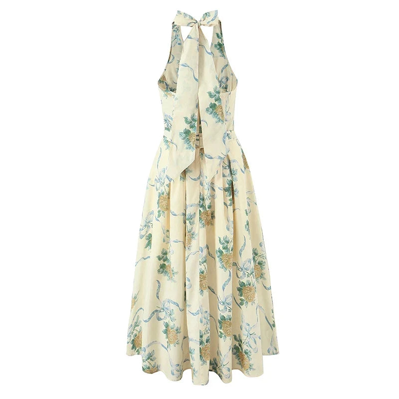 Sexy Deep V Halter Floral Print Dress Women Sleeveless Summer A-line Midi Long Dress Holiday Robe Backless Vestidos
