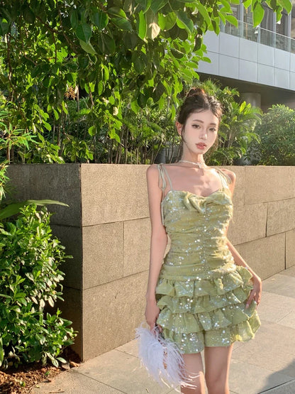 Ruched Ruffles sequin Backless Bodycon Corset Dress For Women Party Summer Elegant Mini Designer Dress Clothing