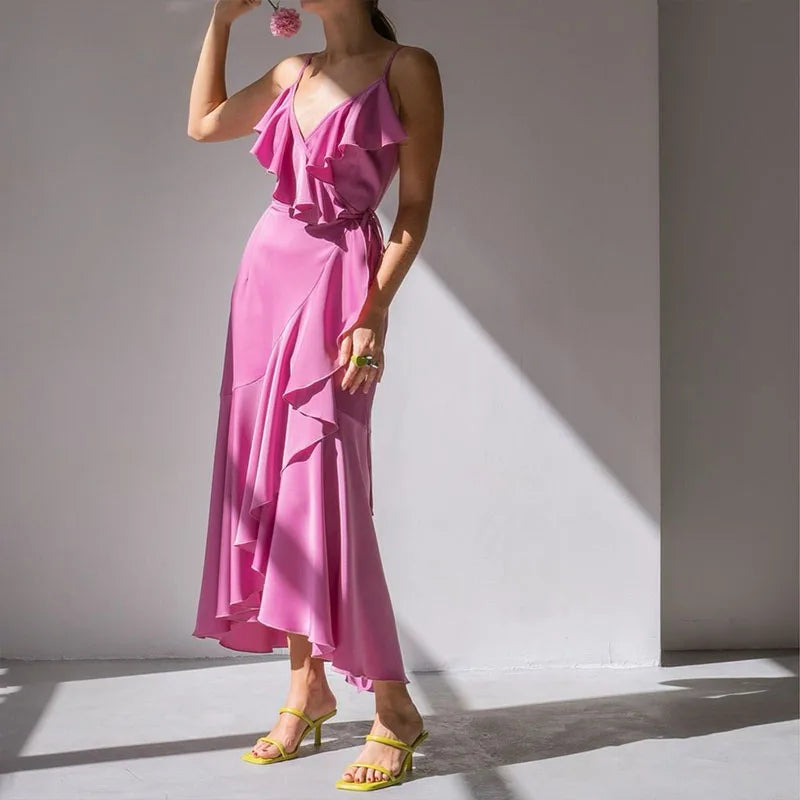 Chic Female Strap Draped Long Dress 2024 Elegant Ruffle Split Swing Party Dress Women New Solid Lace-up French Style Dresses