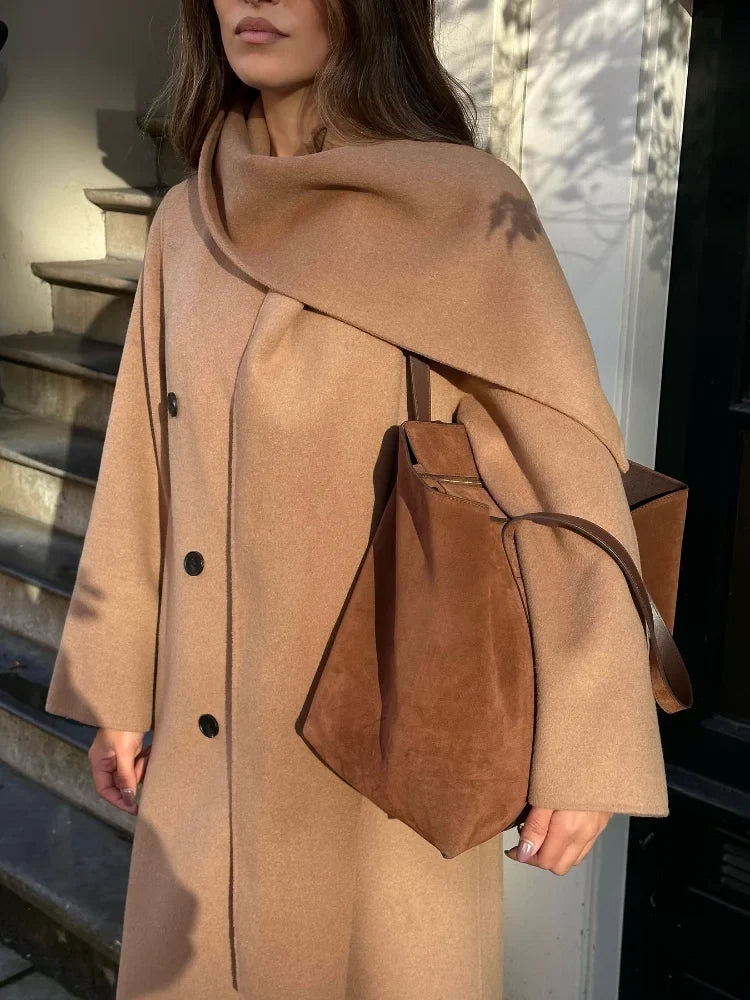 Women Elegant Brown Long Woolen Coats With Scarf Fashion Double Breasted Oversized Thicken Overcoats Lady Daily Streetwear