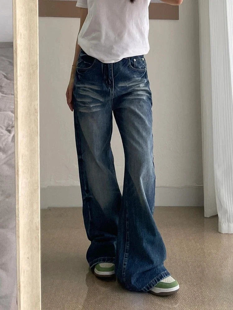 Women's Vintage Street Straight Blue Jeans Cool Girl Fashion Style Street Pants Bottoms Female High Waist Vibe Regular Trousers