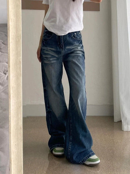 Women's Vintage Street Straight Blue Jeans Cool Girl Fashion Style Street Pants Bottoms Female High Waist Vibe Regular Trousers