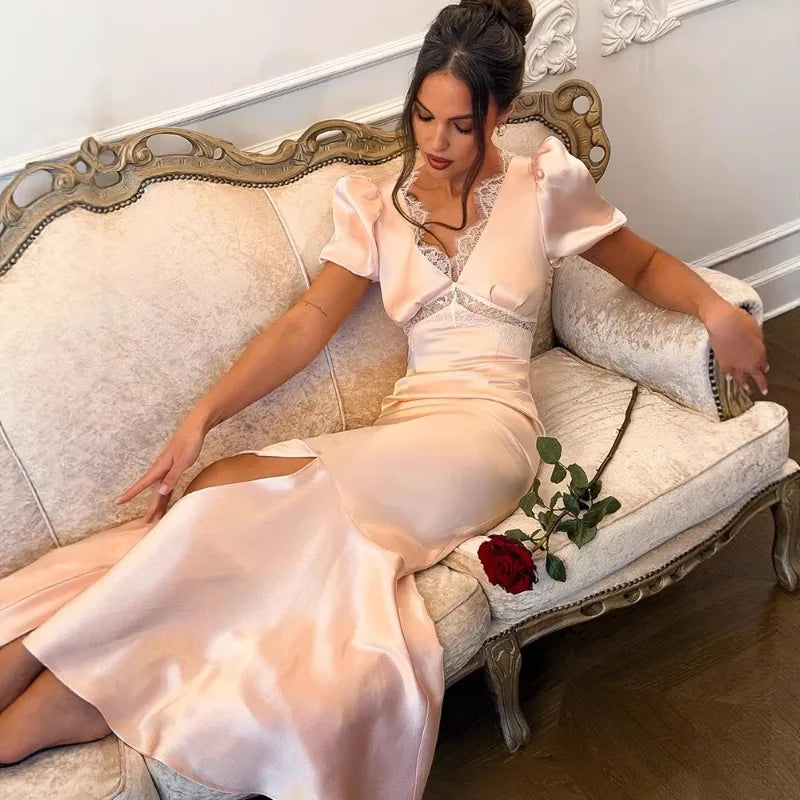 Fashion Satin Lace Long Dress Women V Neck Puff Sleeve Slim Elegant Luxury Party Evening Dress Female Mermaid Dress