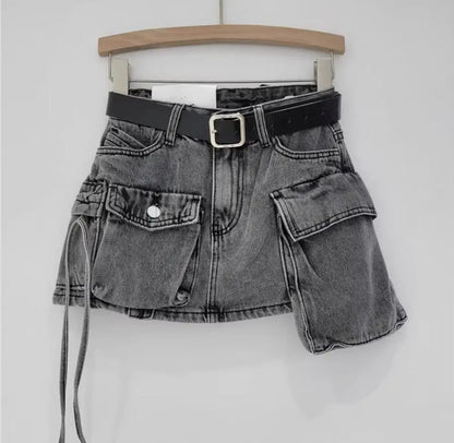 Y2K Low Waist 3D Pockets Mini Denim Skirt With shorts lining Sexy Rope Bow Side Package Hips Short Skater Light blue gray white
