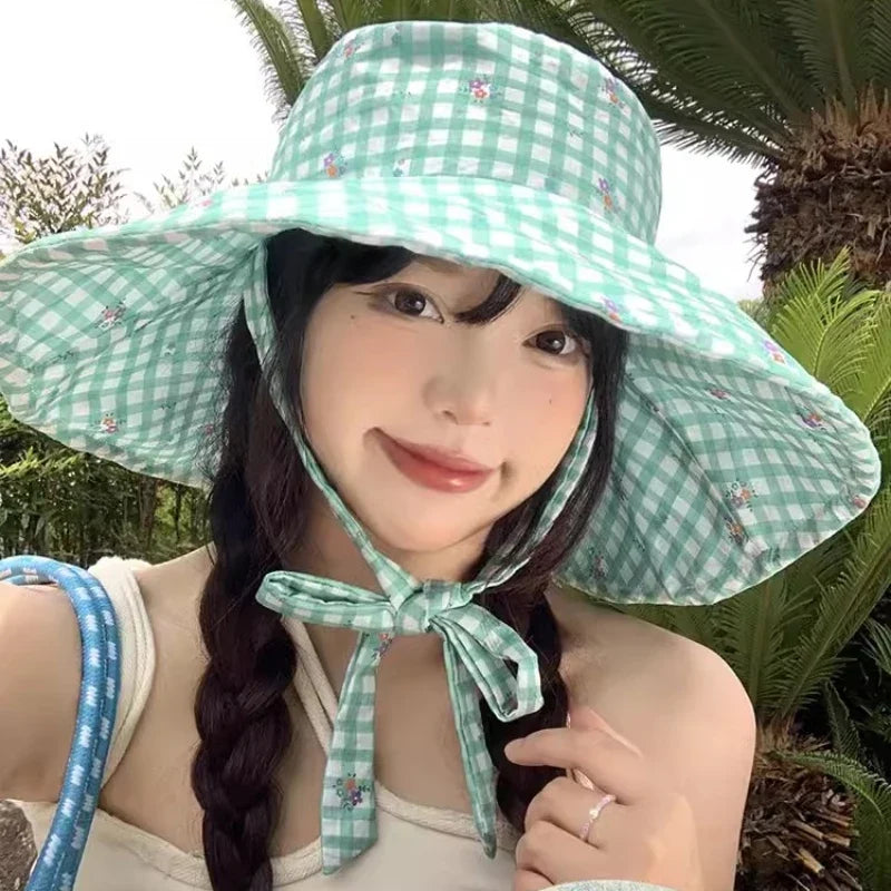 Korean Version Mint Mambo Green Plaid Summer Caps for Women Outdoor Travel Big Brim Sun Protection Versatile Straps Bucket Hat