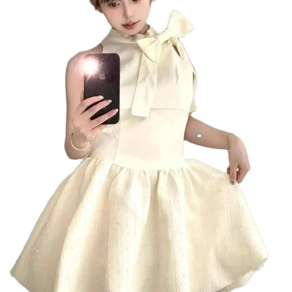 Dress Bow French Style High-End Daughter Summer New Style Waist Slimming Sleeveless Puffy Skirt
