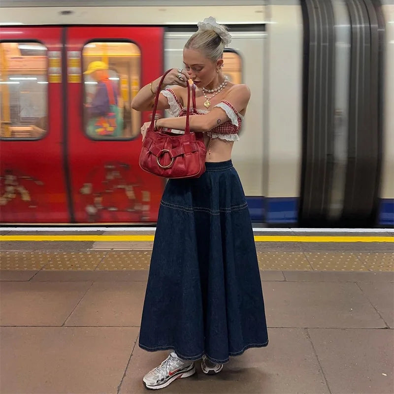 Vintage Denim Vest Skirt Women Outfit Elegant Slash Neck Tank Top Pleated Zippers Mid Skirts Summer Fashion Lady Set