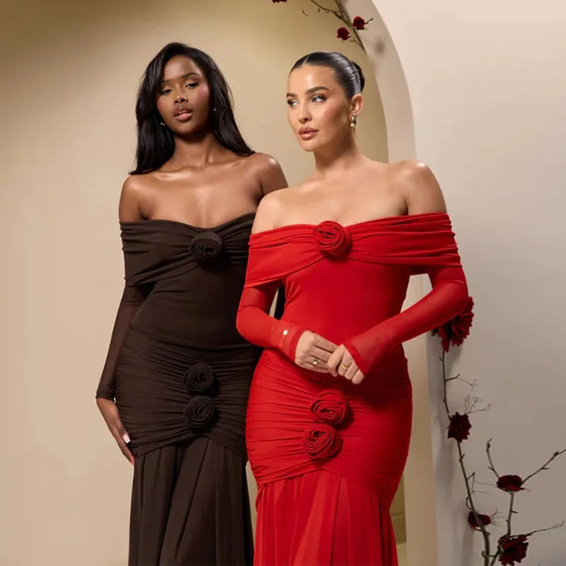 Off Shoulder Long Sleeve 3D Floral Rosette Mermaid Maxi Gown