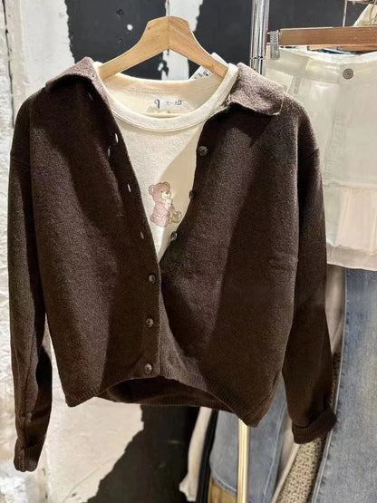 Vintage Button Soft Knitted Cardigan Femme Autumn Cotton Warm Turn Down Collar Sweaters Coat Harajuku Casual Women Sweater Tops