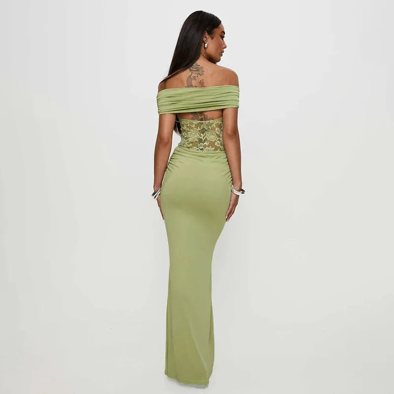 Off Shoulder Floral Lace Panel Ruched Bodycon Maxi Dress