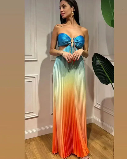 Gradient Pleated Spaghetti Strap Satin Maxi Dress