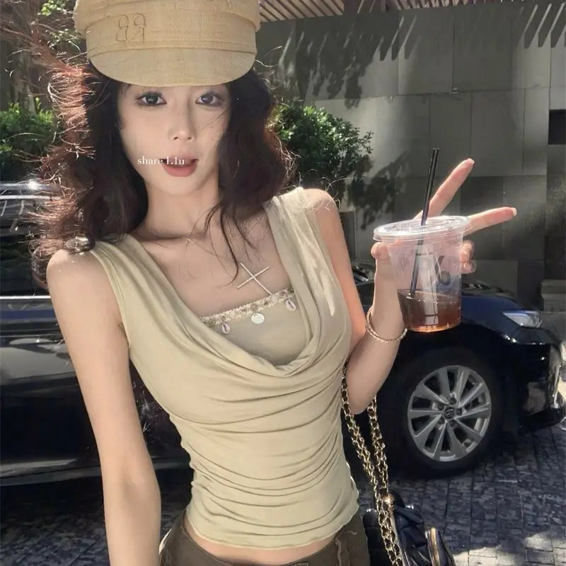 Summer Cropped Corset Top Draped Neck Two Tone Sleeveless Built-in Layered Shirt Women Soft Sexy