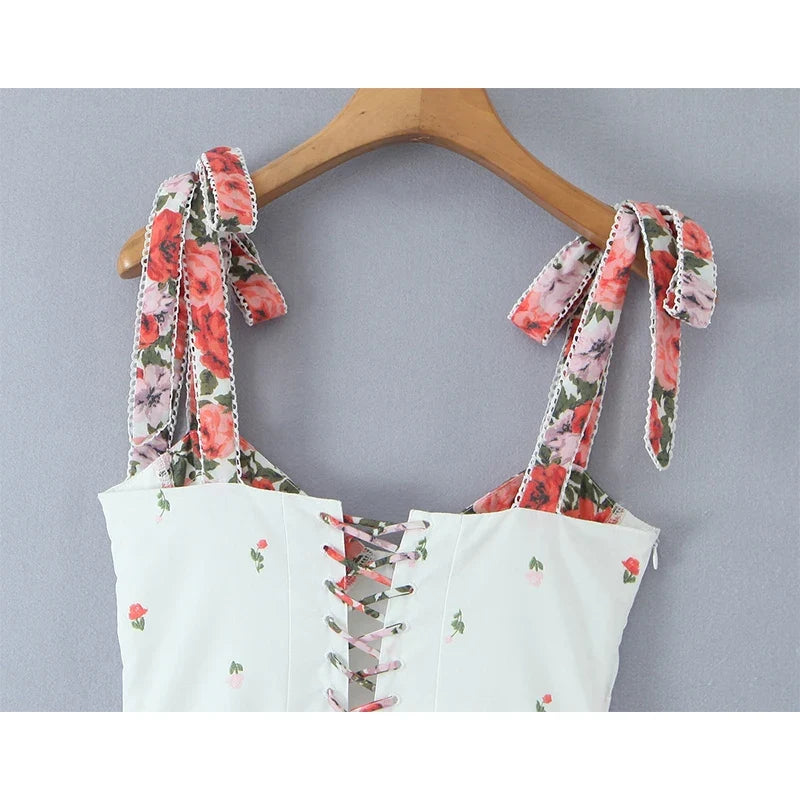 Flower Print Patchwork White Sling Elegant Dress Women Lace Up Bandage Back A-line Summer Dresses Chic Lady Holiday Robe 2025