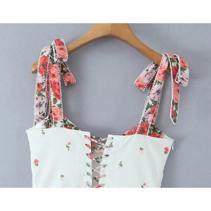 Flower Print Patchwork White Sling Elegant Dress Women Lace Up Bandage Back A-line Summer Dresses Chic Lady Holiday Robe 2025