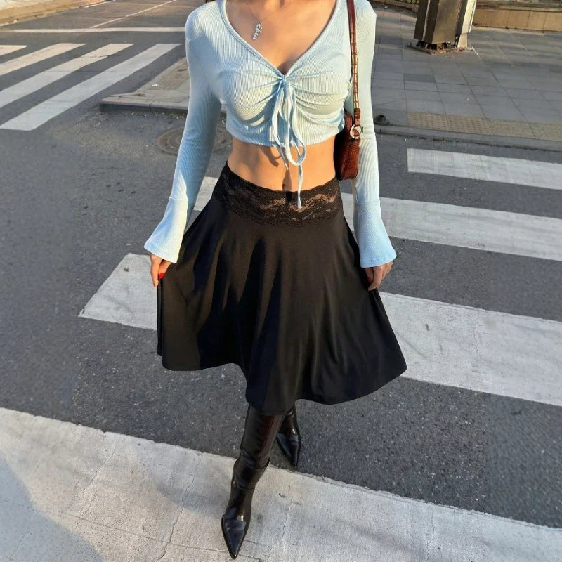 Lace Splicing Mid-Length Skirt Women High-Waisted Fluid Stylish Casual Commuter Skirt Spring Summer New Street Skirt