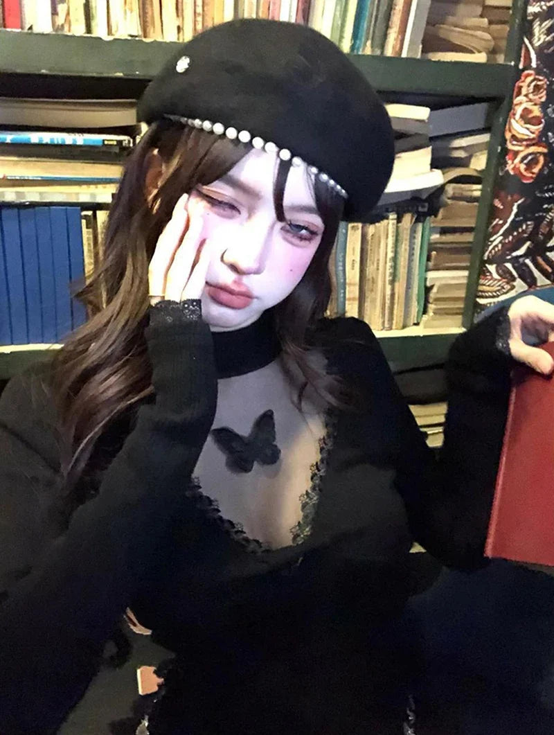 Y2K Cropped Black Sweater Women Harajuku Embroidery White Knitted Pullovers Gyaru Grunge Mesh Lace Knitwears Winter Chic Jumpers