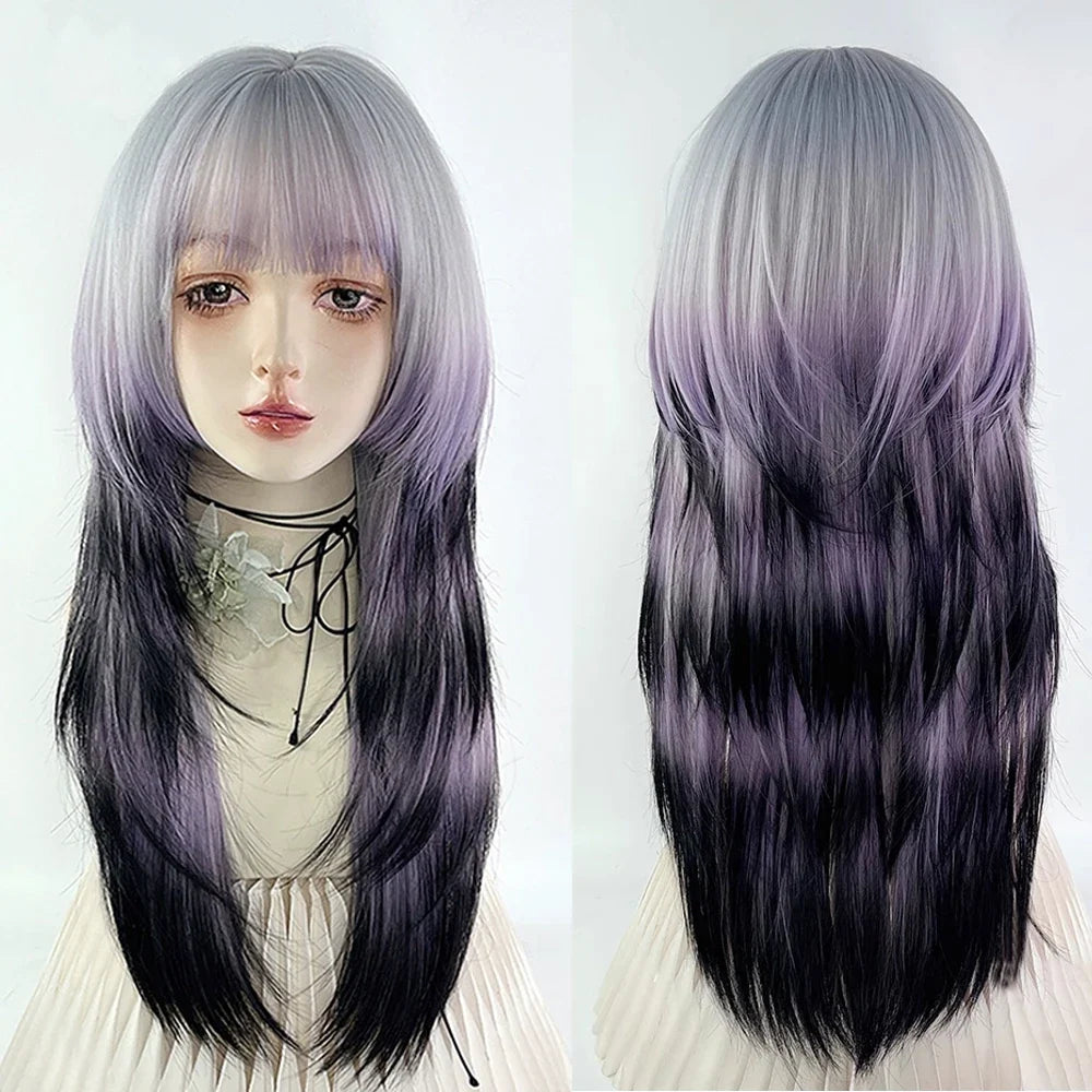 Grey Ombre Purple Black Jellyfish Head Wig Long Straight Synthetic Women Fluffy Lolita Cosplay Wig for Daily Party