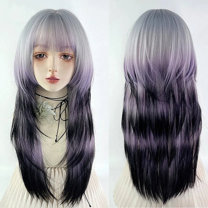 Grey Ombre Purple Black Jellyfish Head Wig Long Straight Synthetic Women Fluffy Lolita Cosplay Wig for Daily Party