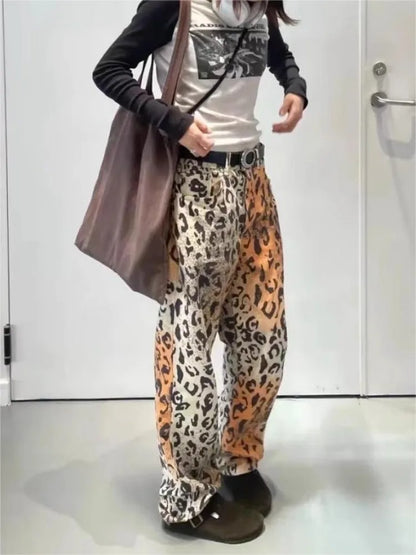 Y2k Vintage Leopard Jeans Baggy Woman's Harajuku Denim Pants Oversized Streetwear Gyaru Trousers Hippie Casual Spring