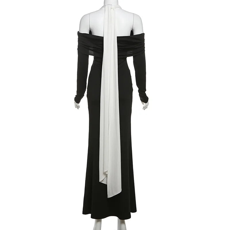 Off Shoulder Crisscross Halter Long Sleeve Column Maxi Dress