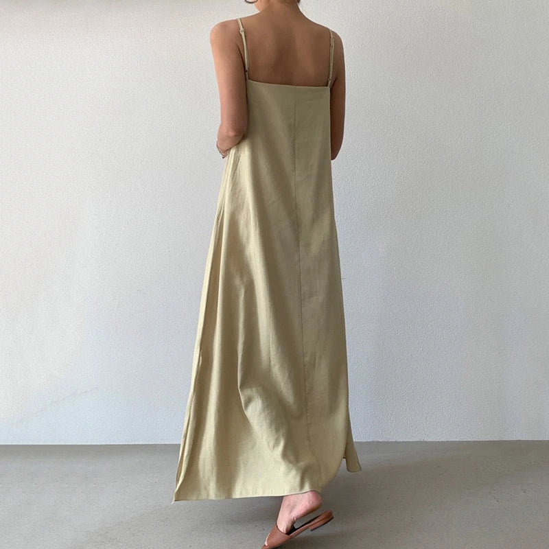 fashion chic A-line sleeveless loose vestidos for vacation beach casual solid sqaure collar basic women summer long dress 2024