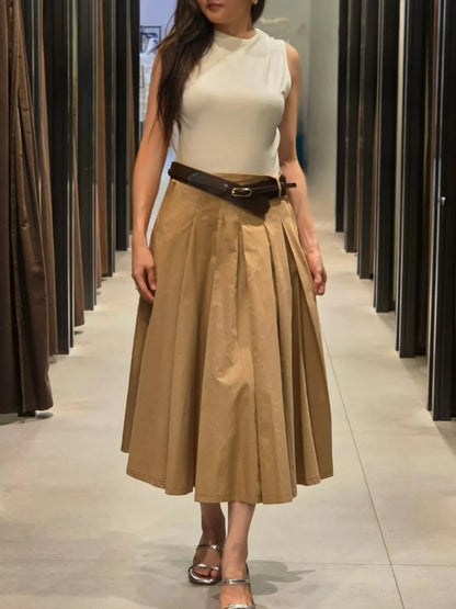 Retro Chic Women's Patchwork Dress Round Neck Sleeveless Belt Pleated Maxi Dress New Fashion Summer Holiday Dress
