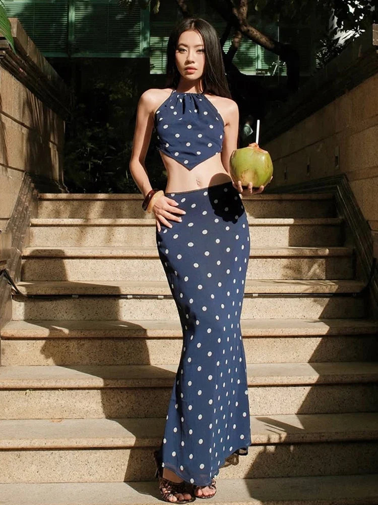 Sexy Polka Dot Print 2-Piece Set Women Halter Bandage Halter Backless Sleeveless Mini Tops+Straight Skirt Matching Suit