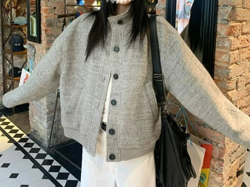 Retro Stand Up Collar Jacket for Female Students in Autumn New Loose and Versatile Casual Style