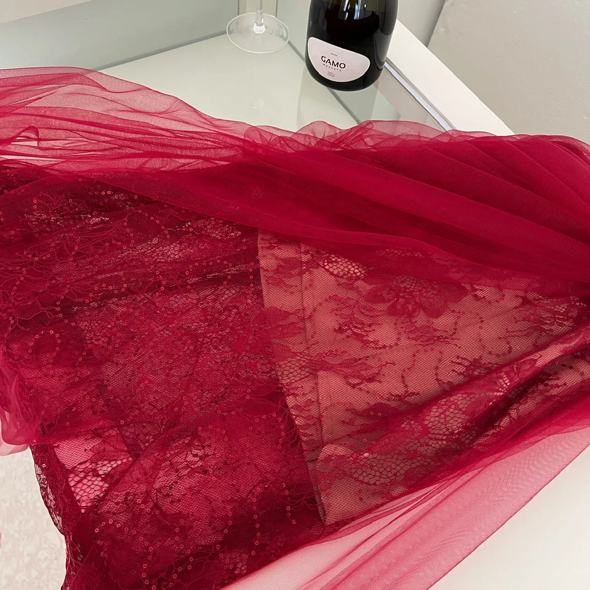 Women Vintage Red Sexy Strapless Sleeveless Lace Mesh Maxi Dress Elegant Christmas Evening Slim Long Dress Vestidos