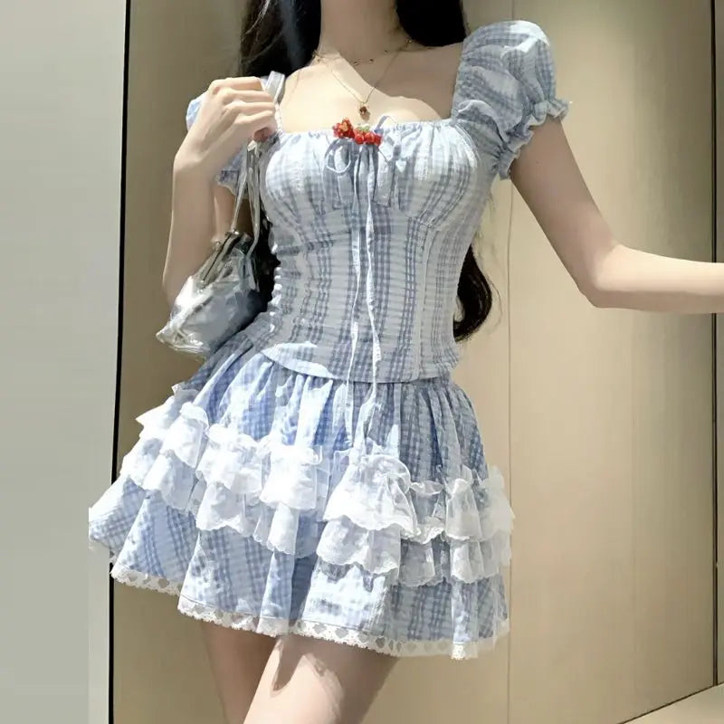 Sweet and Cute Puff Sleeve Slim Bodysuit for Women's Summer Lace Fluffy Cake Skirt Two-piece Set