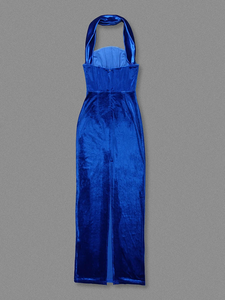 Velvet Halter Collar Strapless Bodycon Maxi Gown