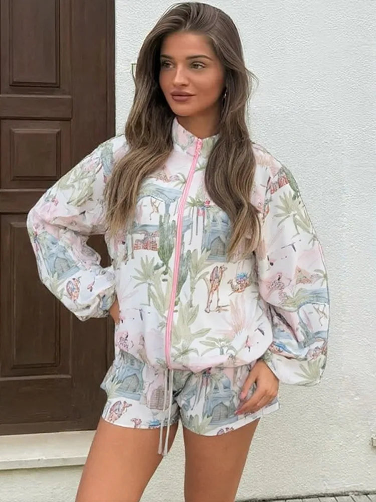 Fruit Printed Trench Jacket Coat Shorts Women Set Stand Collar Zipper Casual Loose Windbreaker Outwear Top Lace Up Shorts Suit