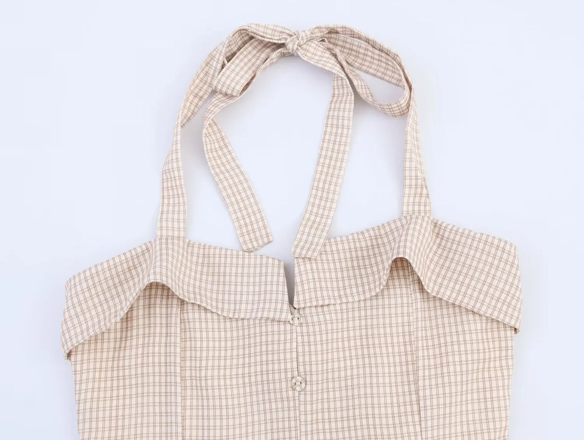 Summer New Khaki Plaid Fashion Short Dress High Waist A-line Hanging Neck Summer Dress Y2K Sweet Chic Woman Clothing
