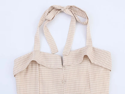 Summer New Khaki Plaid Fashion Short Dress High Waist A-line Hanging Neck Summer Dress Y2K Sweet Chic Woman Clothing