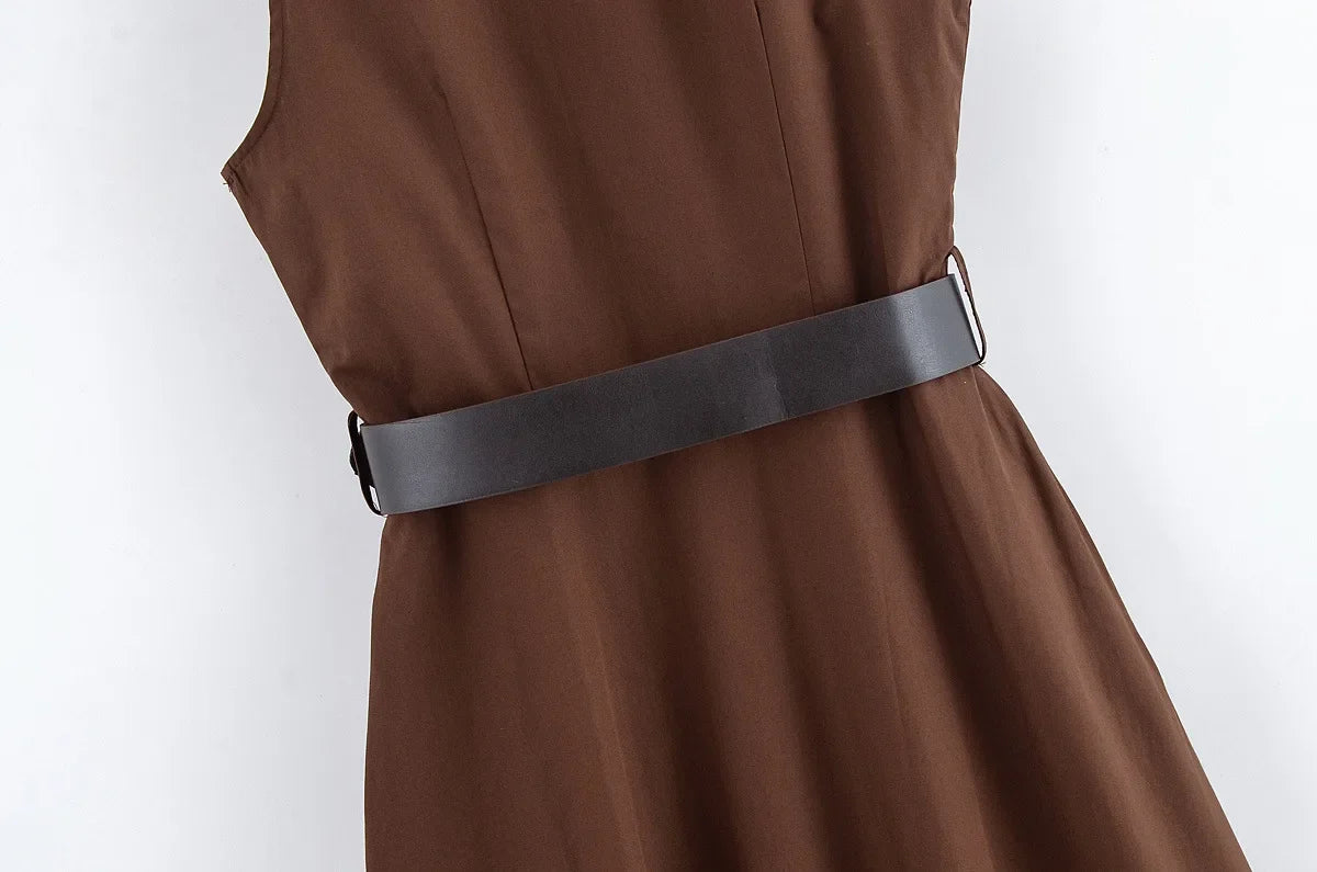 Casual Fashion Women's Dress Solid Color Round Neck Sleeveless Single Breasted Drape Belt Dress New Commuter Pleated Dress