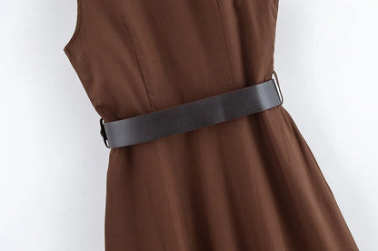 Casual Fashion Women's Dress Solid Color Round Neck Sleeveless Single Breasted Drape Belt Dress New Commuter Pleated Dress