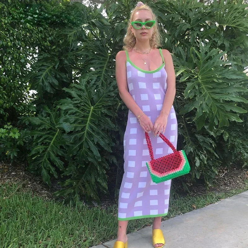 Summer Backless Plaid Knitted Long Dress Women Vintage Robe Sleeveless Bodycon Flexibility Strap Midi Dresses Party Fashion