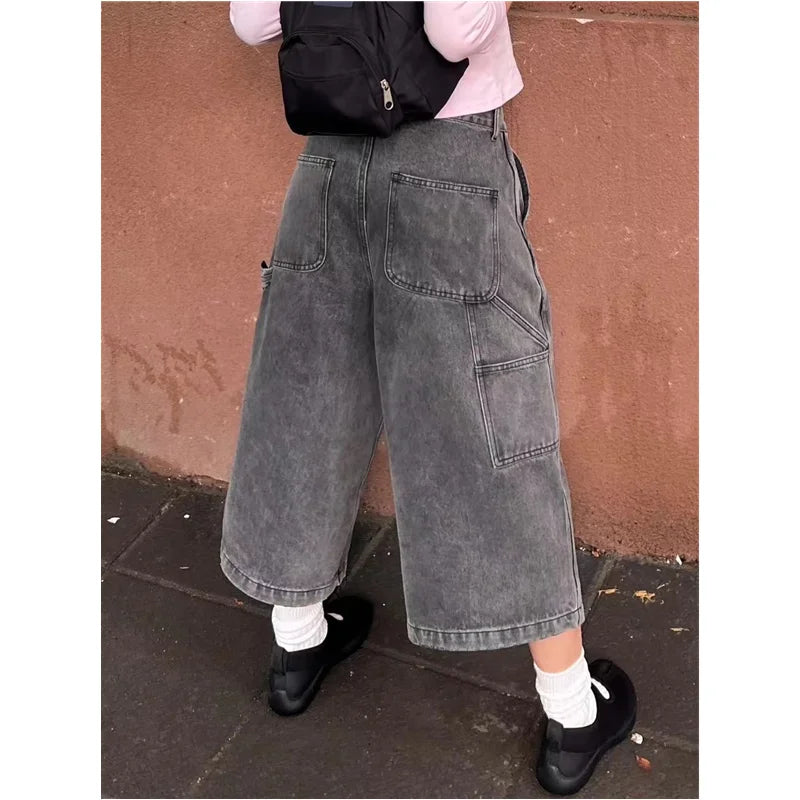 Women's Wide Leg Gradient Gray Retro Denim Shorts Unisex Style Capris Summer Female High Waist Loose Short Jeans