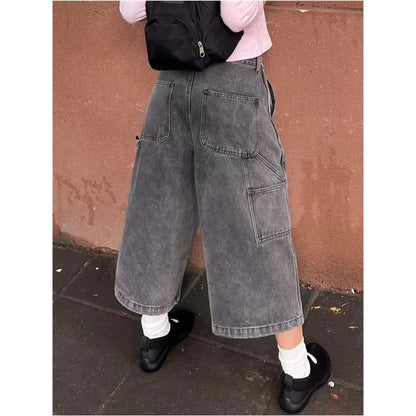 Women's Wide Leg Gradient Gray Retro Denim Shorts Unisex Style Capris Summer Female High Waist Loose Short Jeans