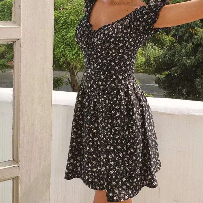 Holiday Summer Dresses 2025 Women French Style Floral Print Dress Vintage Short Sleeve V Neck A-line Mini Robe Sundress