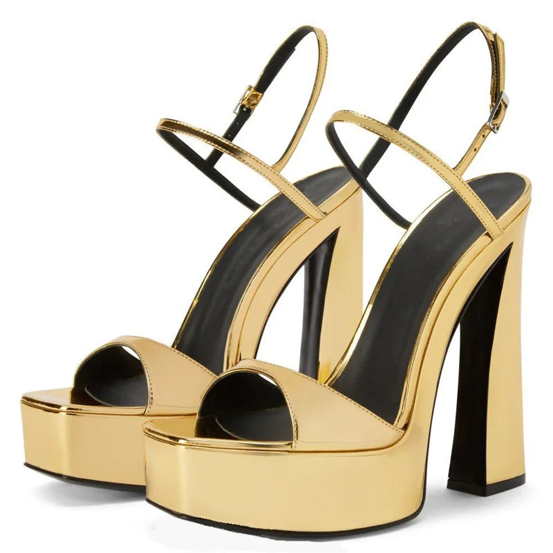 Patent Leather Thick Sole Super High Heels Women Sandals Square Toe Solid Color Ankle Strap Fashion Concise Elegant Ladies Shoes