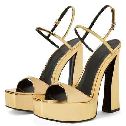 Patent Leather Thick Sole Super High Heels Women Sandals Square Toe Solid Color Ankle Strap Fashion Concise Elegant Ladies Shoes