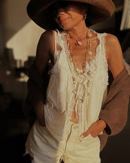White Lace Trim Tank Top Women U Collar Single Breasted Drawstring Vest Summer Casual Fashion Hollow Out Camisole 2025 New
