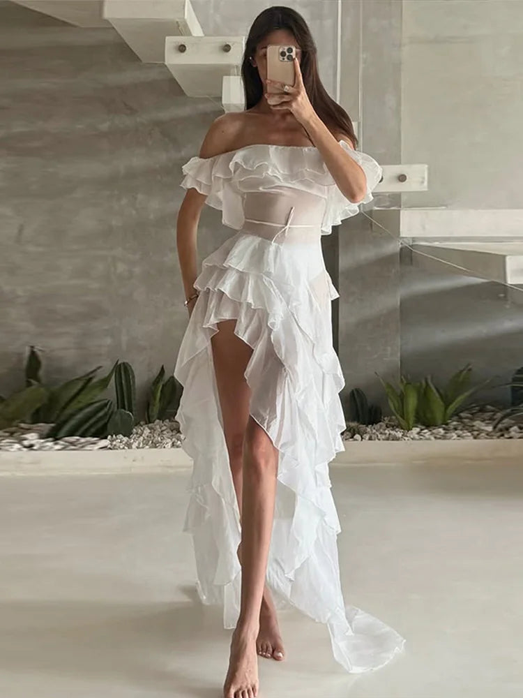 Chic Ruffle Backless Dress Women Slash Neck Sleeveless Lace Up Irregular Hem Floor-length Dresses Female 2025 Spring Lady Robe