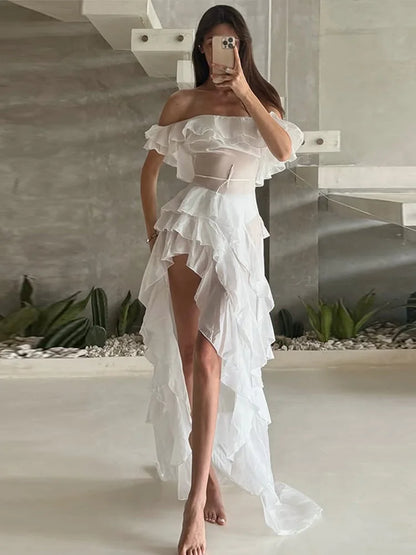 Chic Ruffle Backless Dress Women Slash Neck Sleeveless Lace Up Irregular Hem Floor-length Dresses Female 2025 Spring Lady Robe