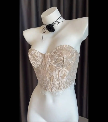 Sexy French Printed Corset Lace Steel Ring Fishbone Rib Ribbed Plunge Bra