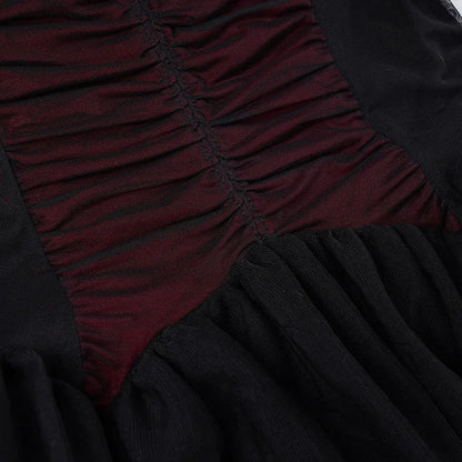 Gothic Black Bow Spaghetti Strap Dress Women Fashion Ruched V Neck Sleeveless Mesh Patchwork A Line Mini Dress Clubwear