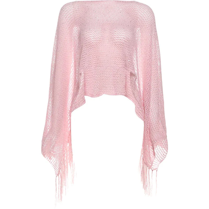 Elegant Chic Mesh Knit Crop Top Women Irregular Sequins Tassel Solid Midnight Clubwear Music Festival Slim Short T-Shirt